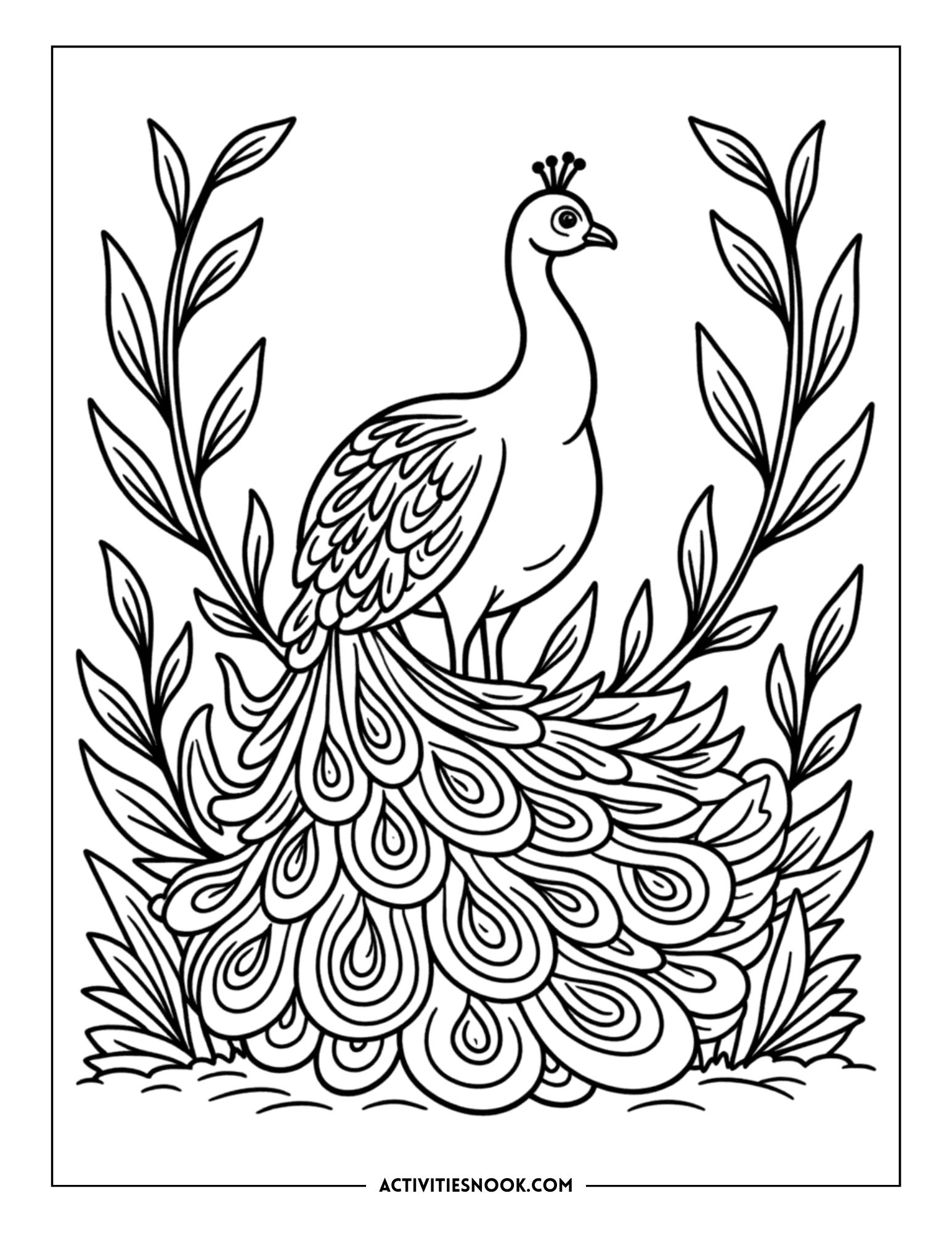 Black and white coloring page featuring a peacock standing among decorative foliage and flowers.