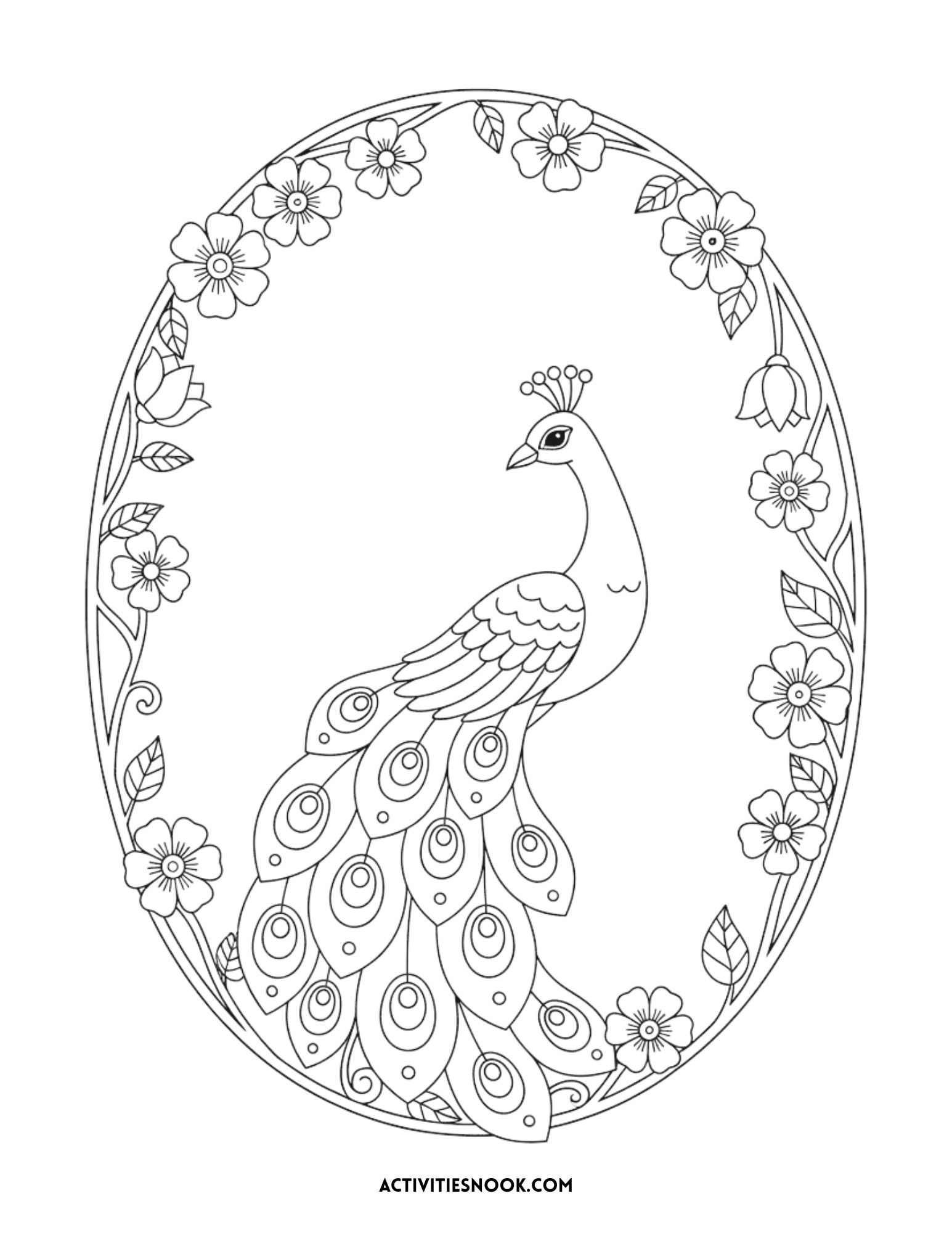 Black and white outline illustration of a peacock surrounded by floral designs in an oval frame.