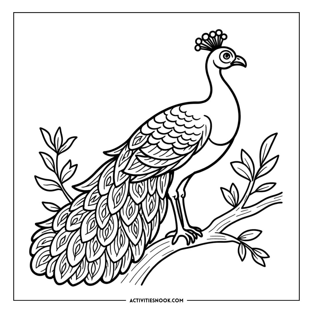 Line art illustration of a peacock perched on a branch with detailed feather patterns.