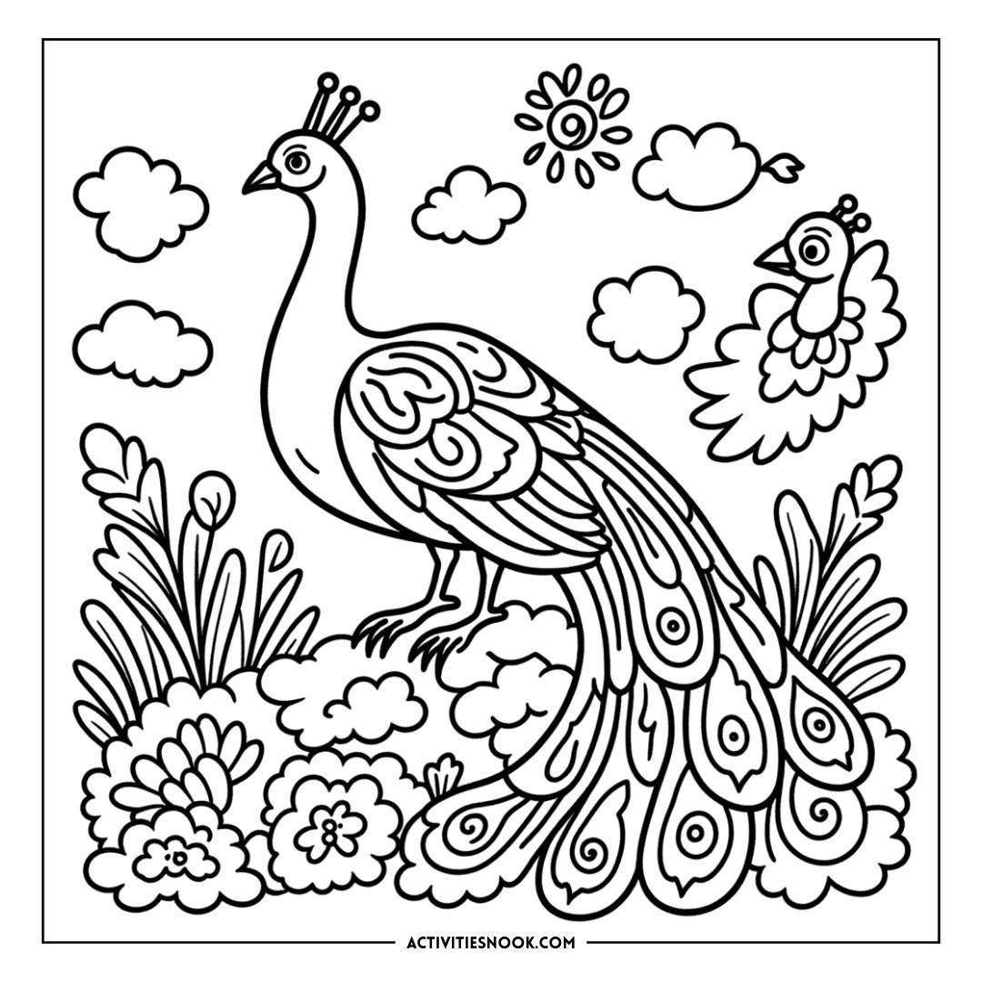 Black and white coloring page featuring a peacock with detailed feathers and a smaller bird in a garden setting.