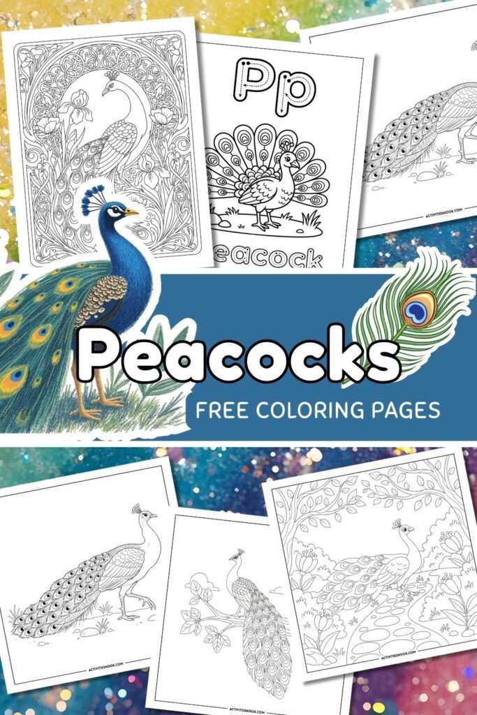 Coloring pages featuring peacocks with intricate designs and patterns for creative activities.