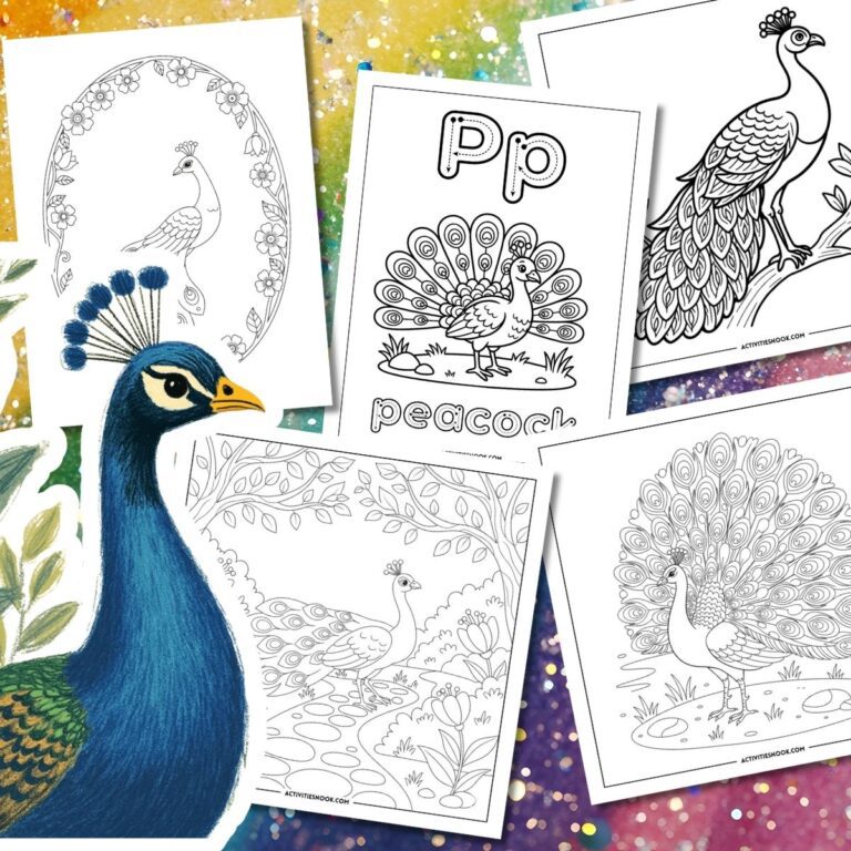 Coloring pages featuring peacocks in various designs, including floral and decorative elements.