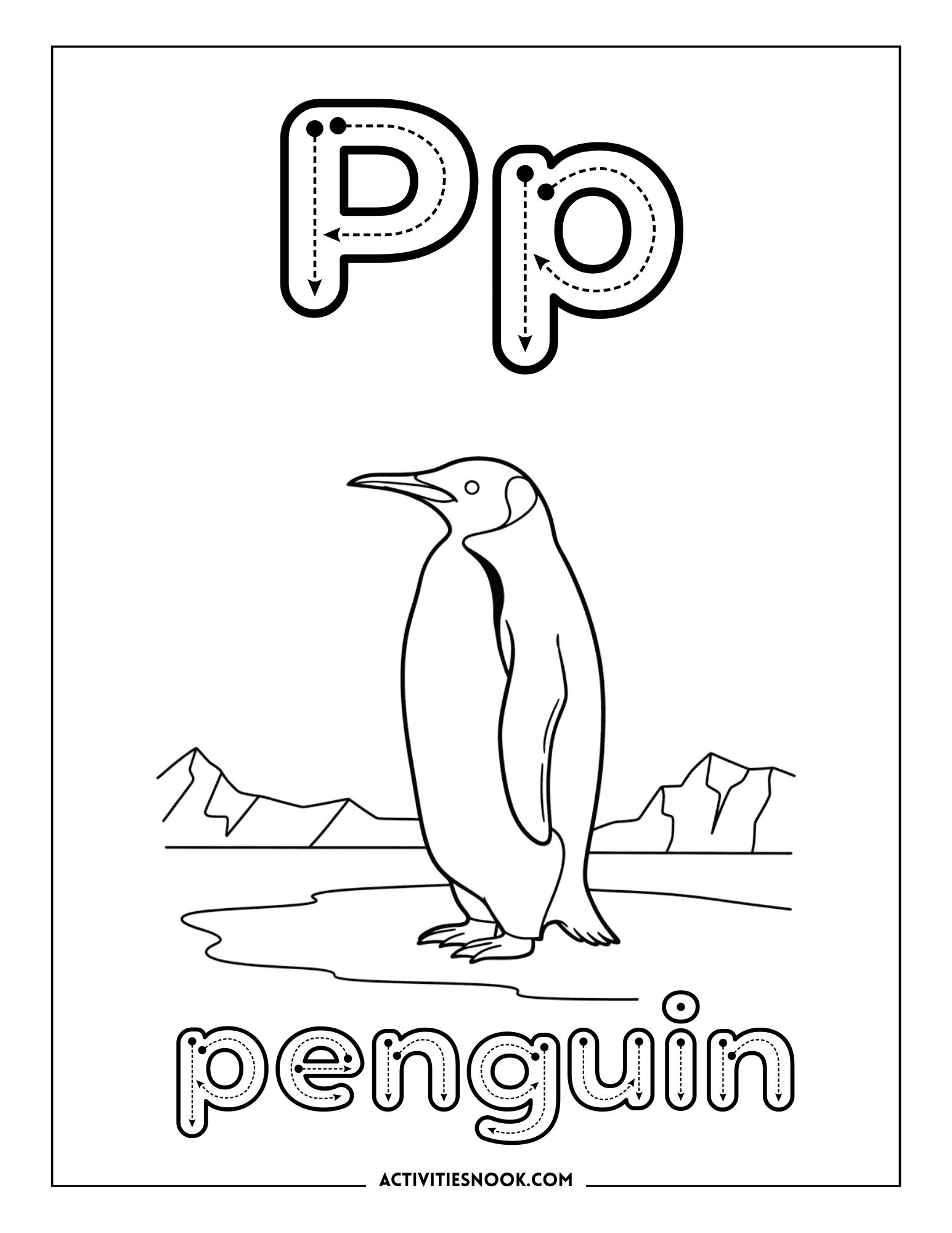 Coloring page featuring a penguin with the letter 'P' and the word 'penguin' below it.