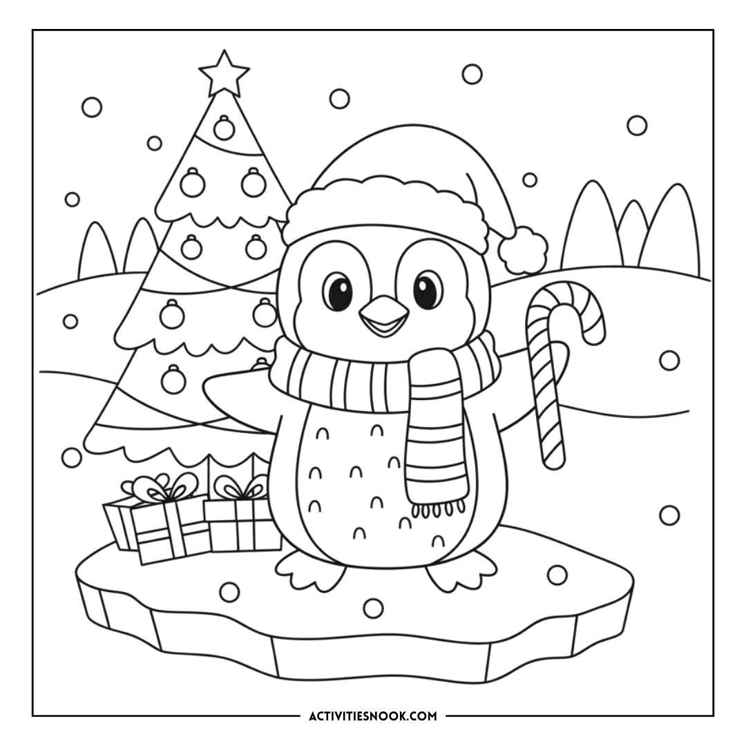 Coloring page featuring a penguin wearing a hat and holding a candy cane, with a Christmas tree and presents.