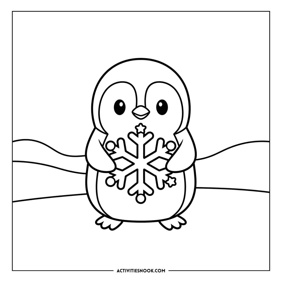 Black and white coloring page of a penguin holding a snowflake against a simple background.