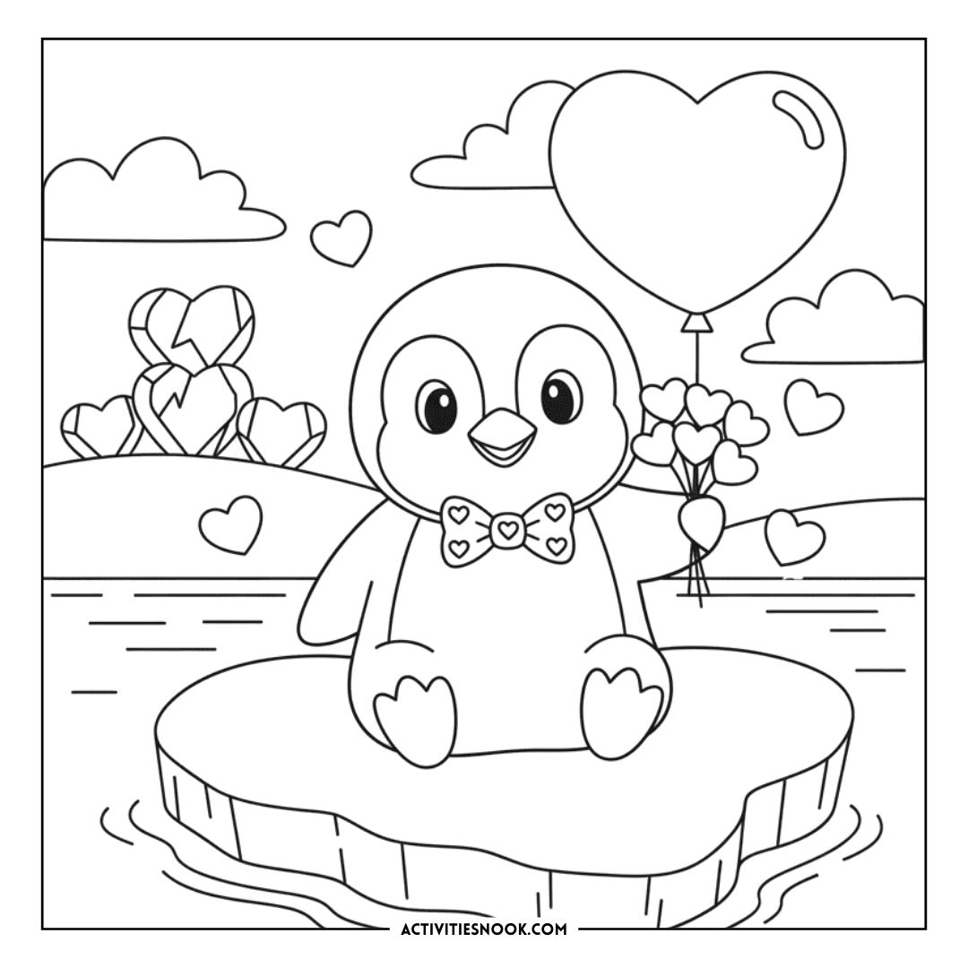 Coloring page featuring a penguin on an ice floe with a heart-shaped balloon and flowers.