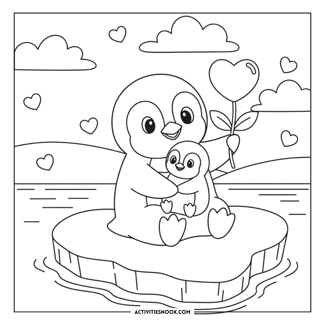 Black and white coloring page featuring a penguin holding a heart-shaped balloon with its chick on an ice floe.