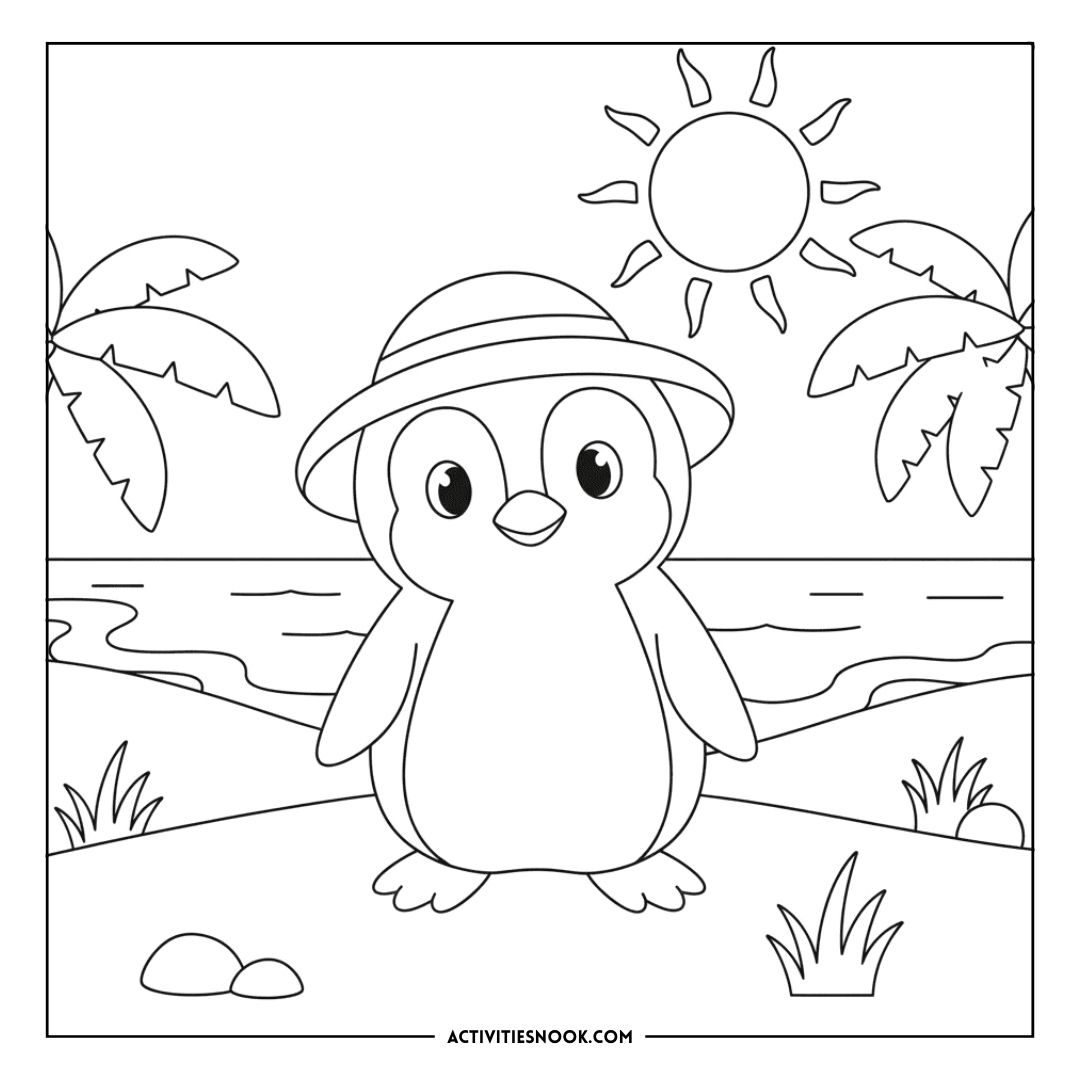 Coloring page featuring a penguin wearing a hat with palm trees and sun in the background.
