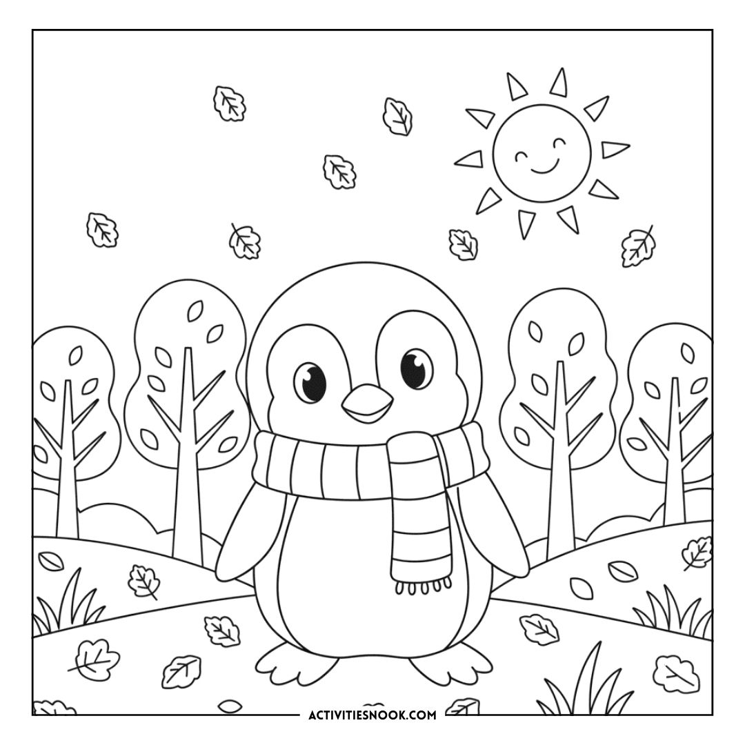 Black and white penguin coloring page featuring a penguin in a scarf with trees and a sun in the background.