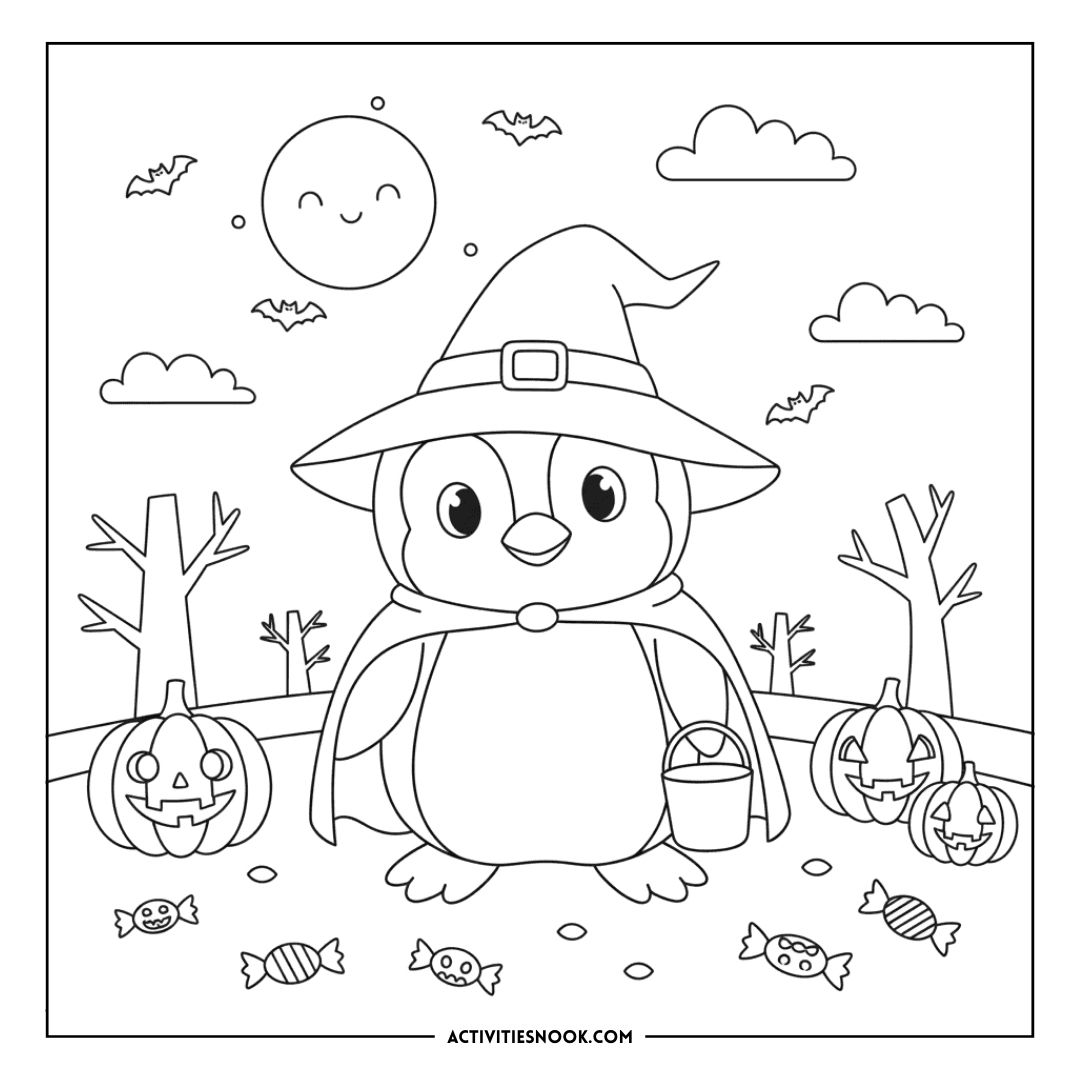 Black and white coloring page featuring a penguin in a witch hat with pumpkins and candy.