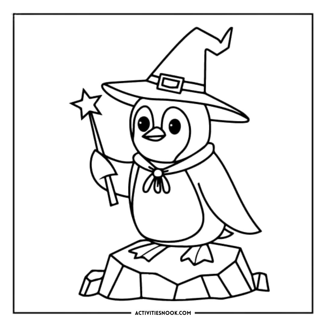 Coloring page featuring a penguin wearing a wizard hat and holding a magic wand while standing on a rock.
