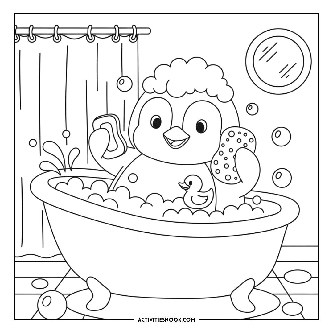 Coloring page featuring a cartoon penguin in a bathtub with bubbles, a rubber duck, and soap.