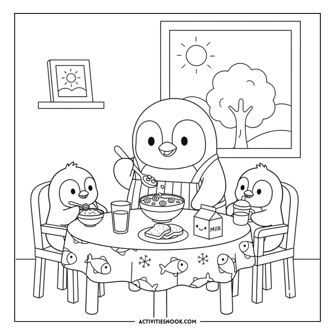 Coloring page featuring a penguin family at a table with food and drinks in a simple indoor setting.
