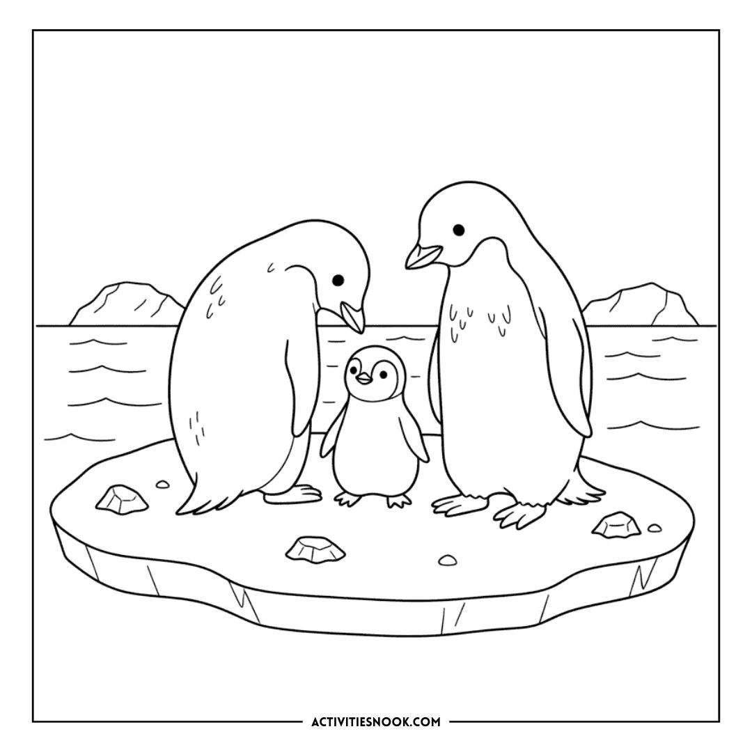 Line art illustration of two adult penguins and one chick standing on an ice floe.