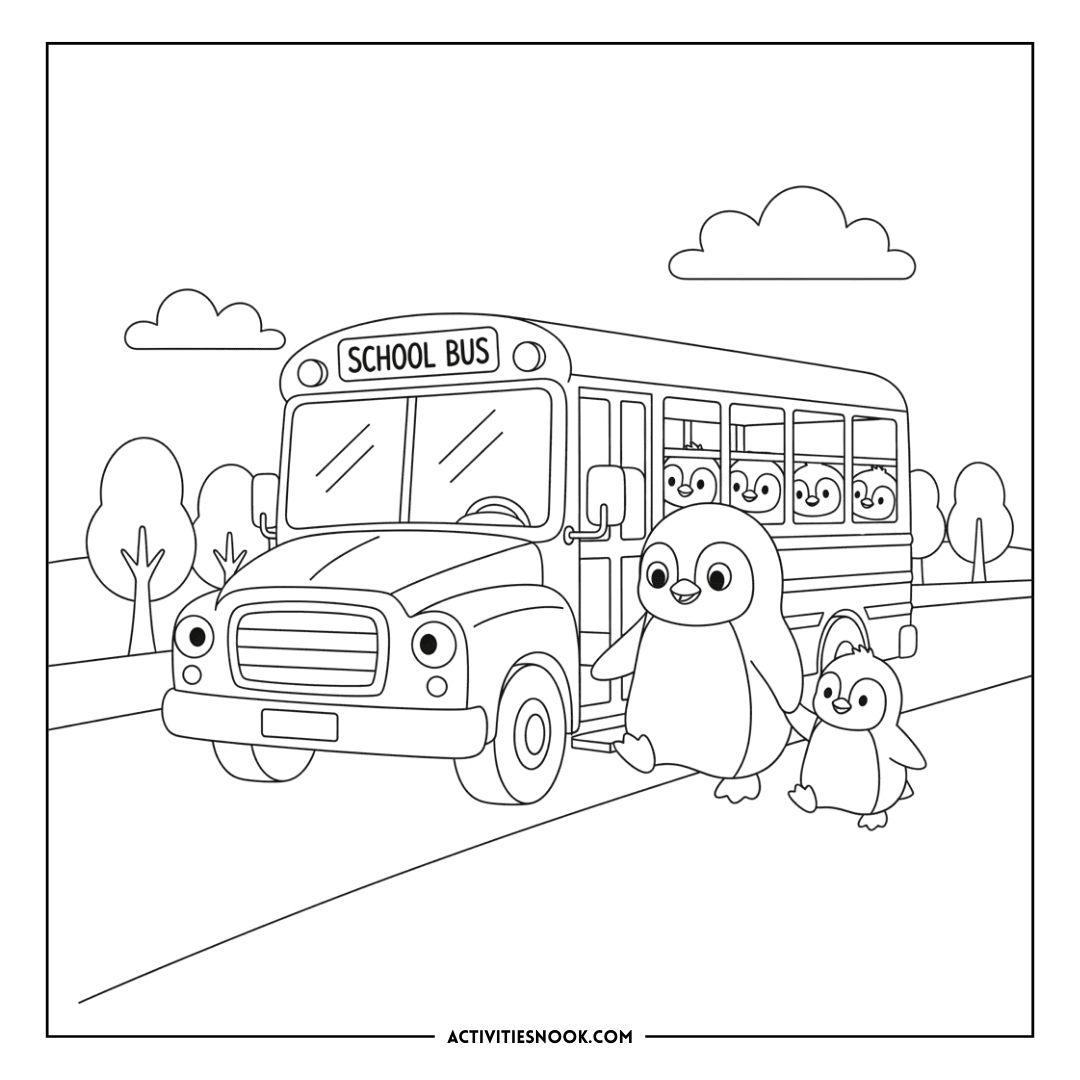 Coloring page featuring a school bus with penguins walking alongside it in a simple line art style.
