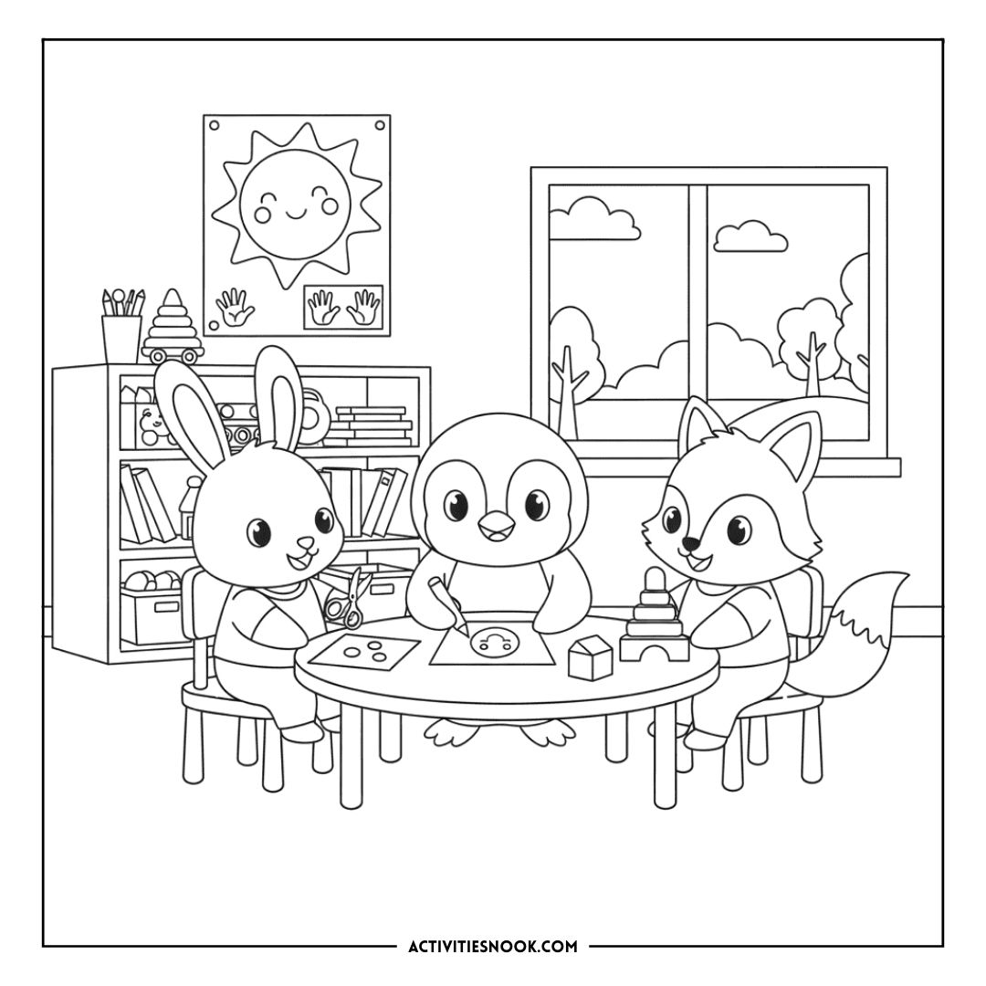 Three cartoon animals, a rabbit, an owl, and a fox, sitting at a table engaged in a coloring activity.