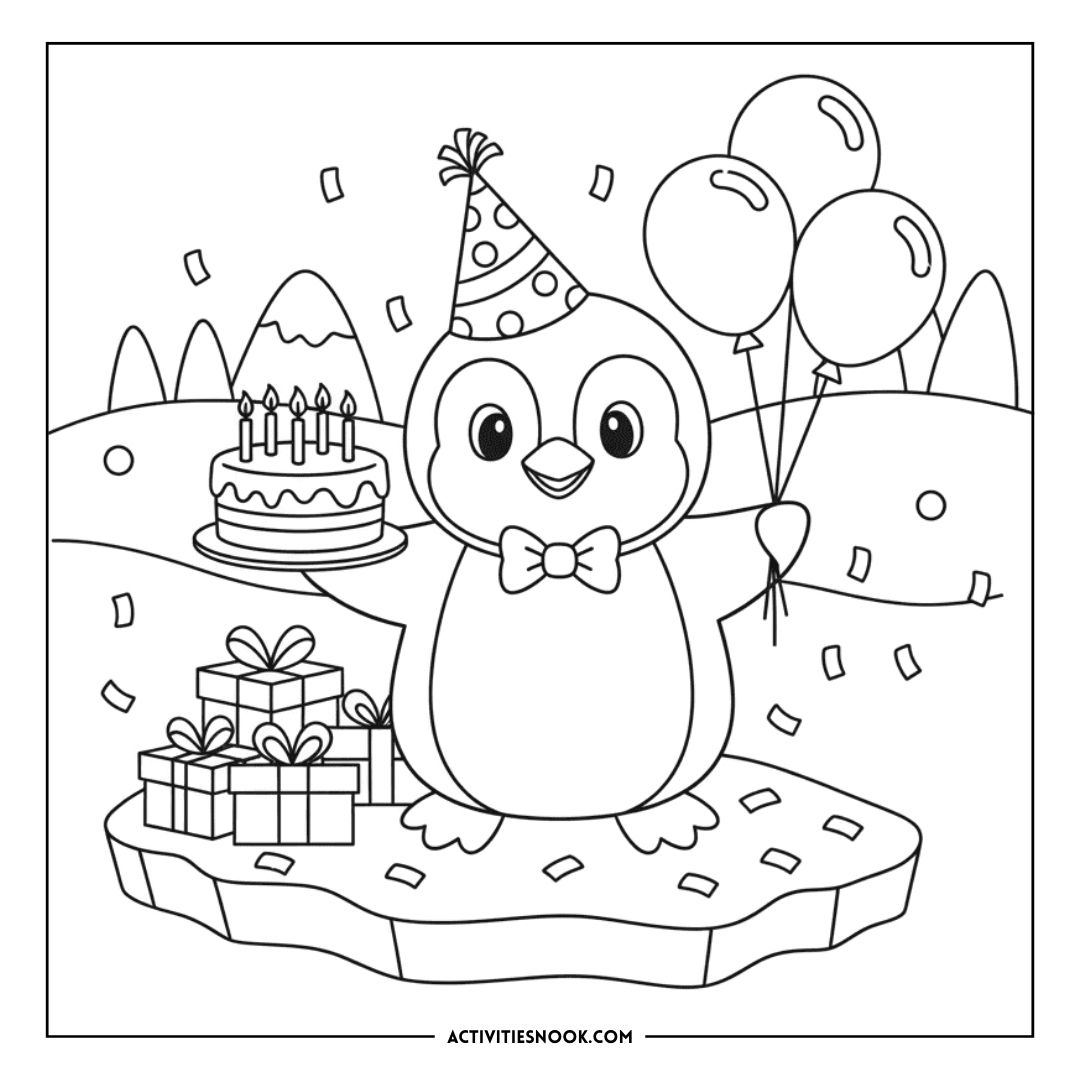 A cartoon penguin wearing a party hat, holding balloons and standing next to a birthday cake and presents.