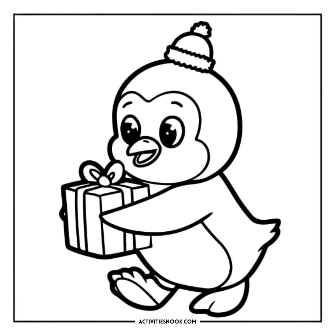 Cartoon penguin wearing a hat, holding a gift box with a bow in its flippers.