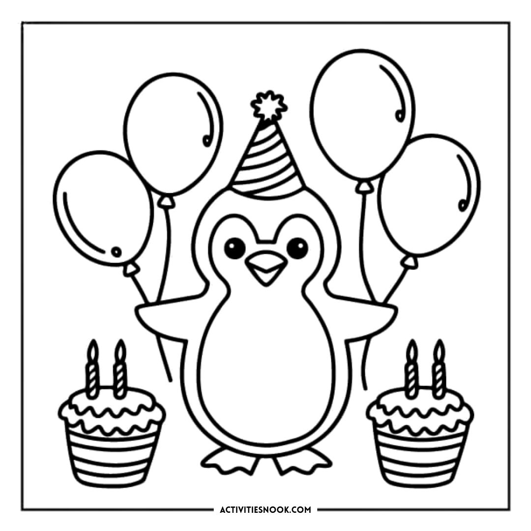 A cartoon penguin wearing a party hat, holding balloons, with two birthday cakes beside it.