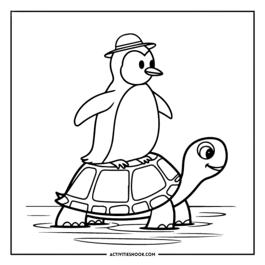 A cartoon penguin wearing a hat stands on the back of a turtle in a simple black and white illustration.