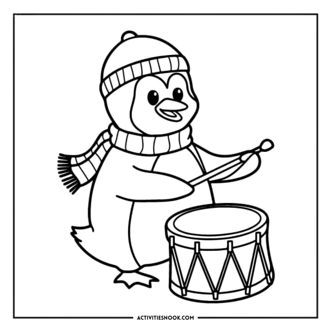 A cartoon penguin wearing a hat and scarf playing a drum with drumsticks in a black and white coloring page.
