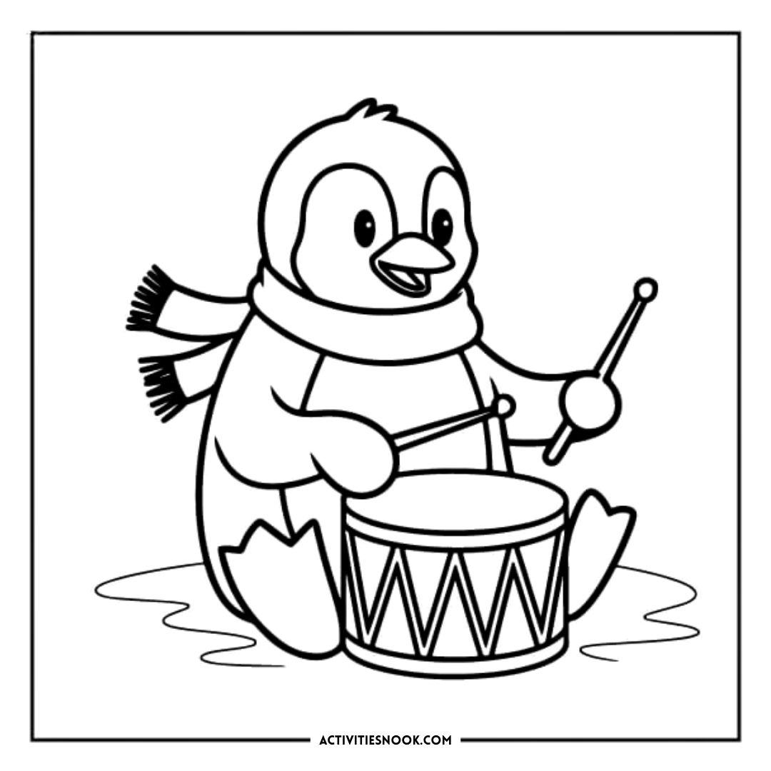A cartoon penguin wearing a scarf playing a drum with drumsticks in a coloring page design.