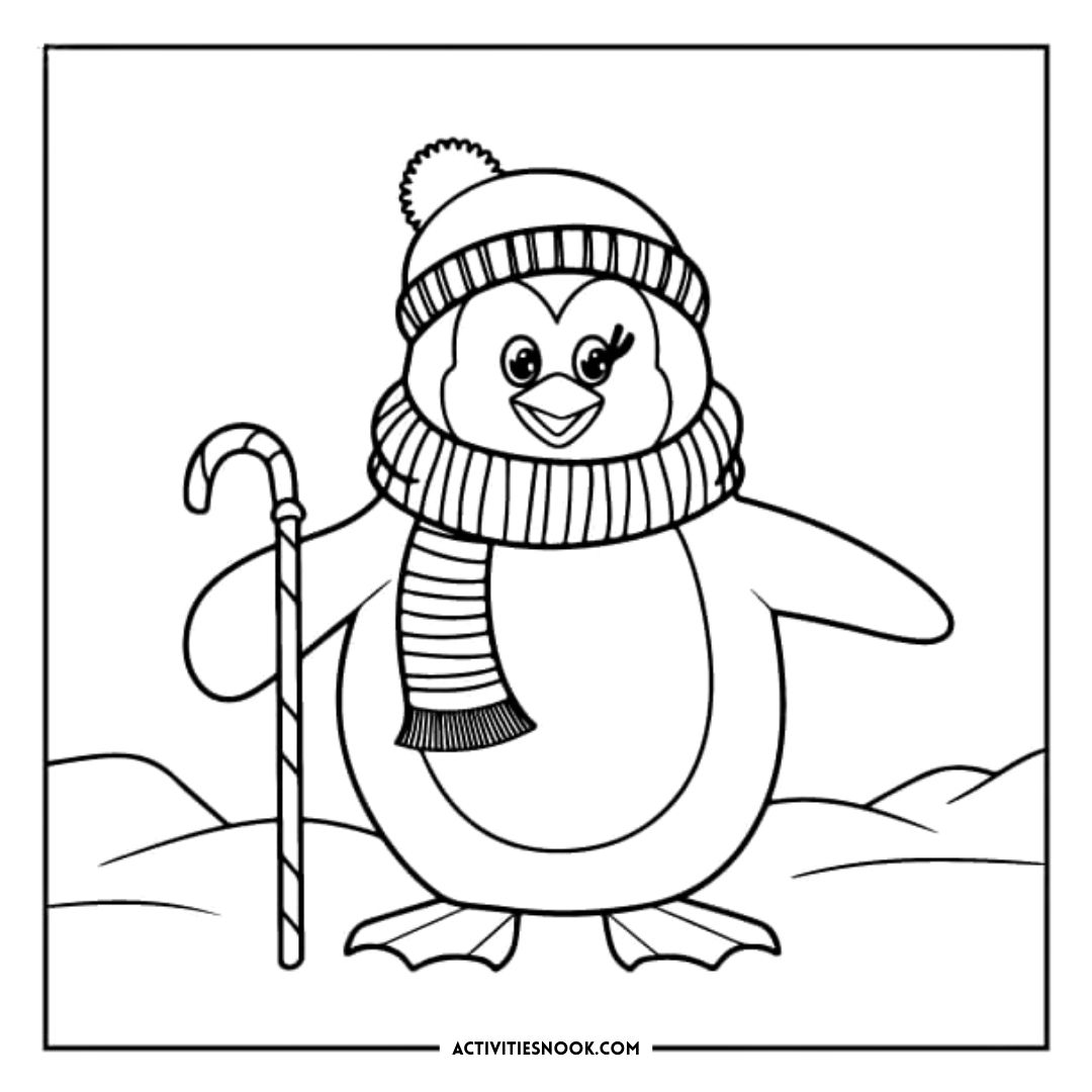 Coloring page featuring a cartoon penguin wearing a hat and scarf, holding a candy cane.