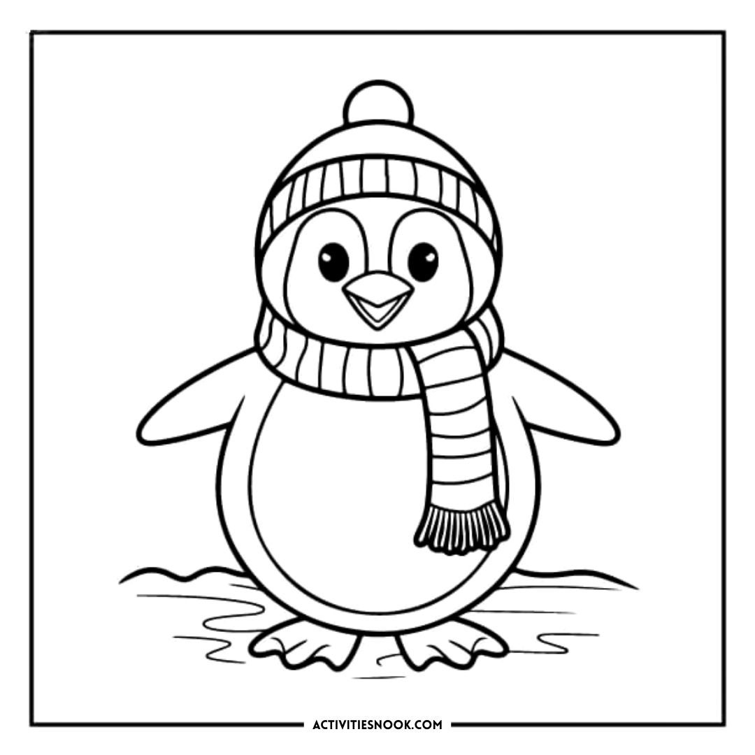 Black and white outline drawing of a penguin wearing a striped hat and scarf, suitable for coloring activities.