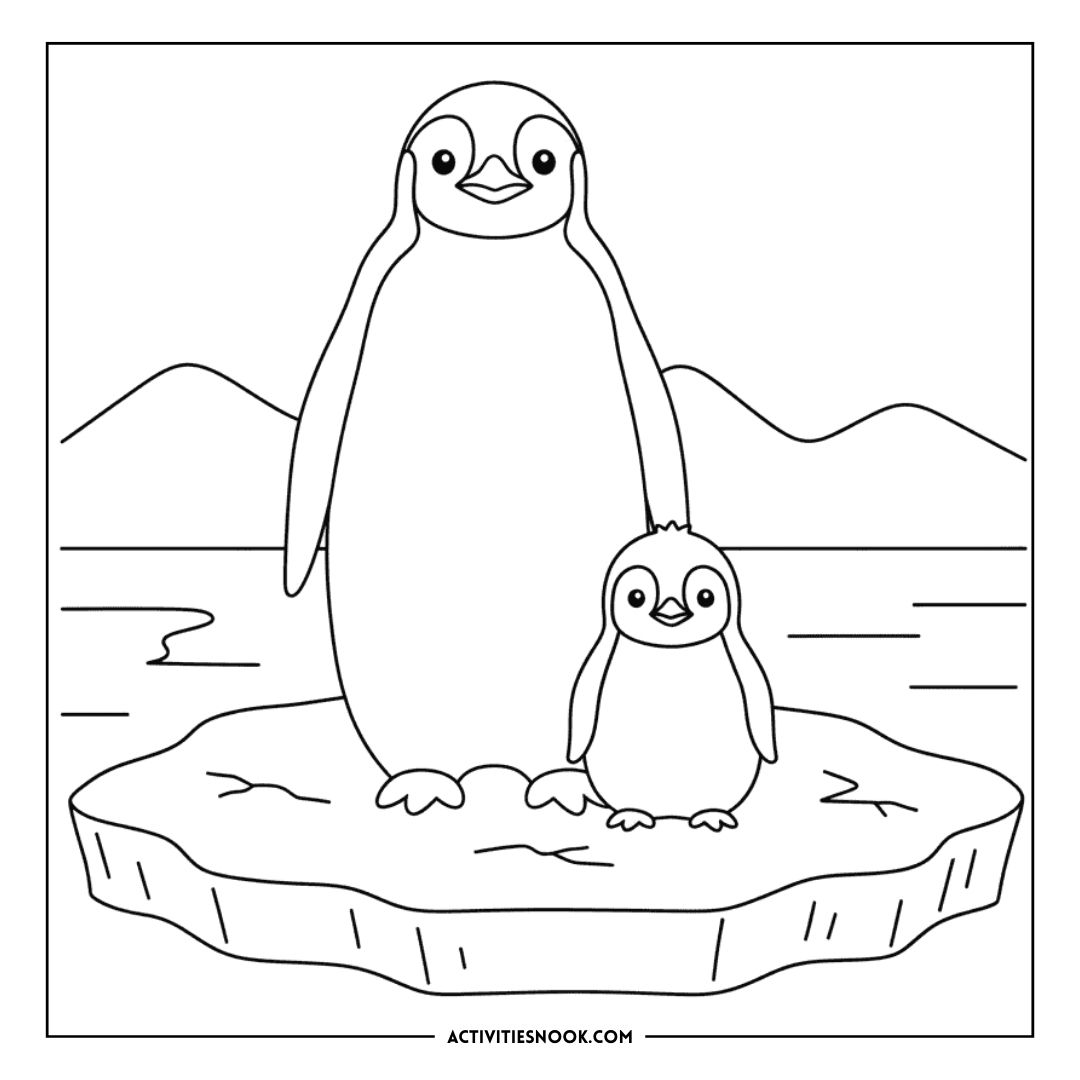 Black and white outline drawing of a penguin and its chick standing on an ice floe.