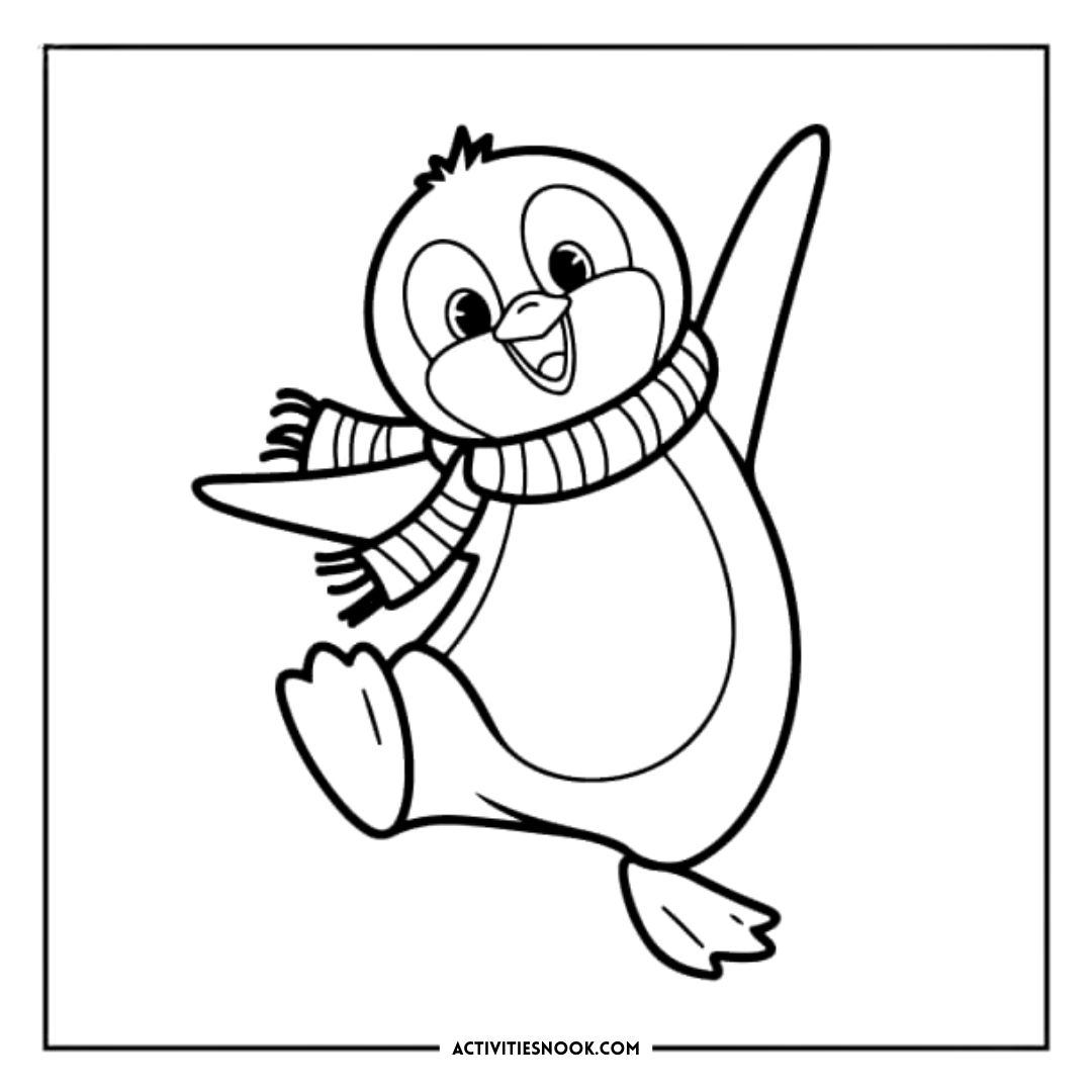 Black and white illustration of a cheerful penguin wearing a striped scarf, ready for coloring.