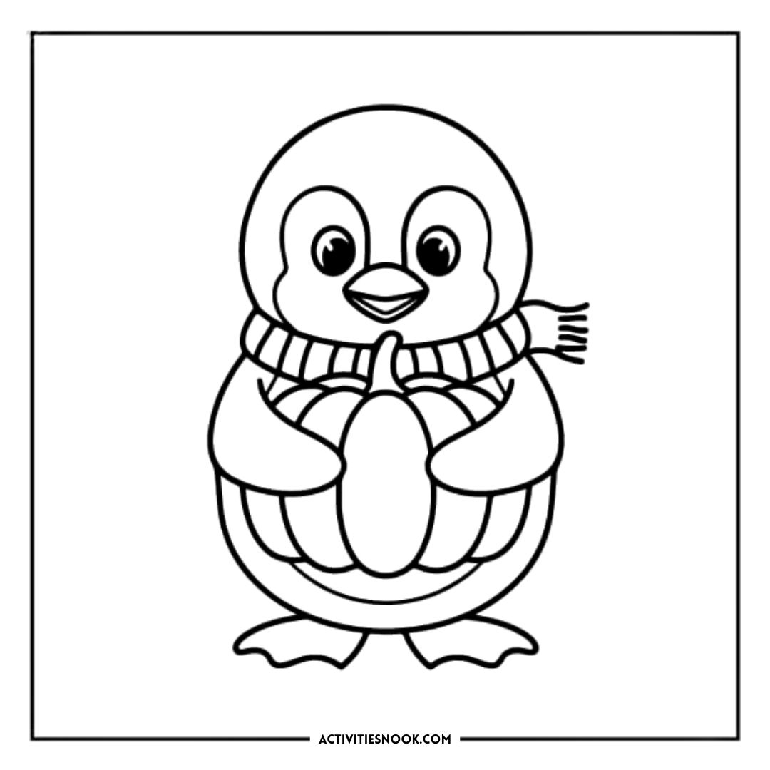 Cartoon penguin holding a pumpkin while wearing a scarf, designed for coloring activities.