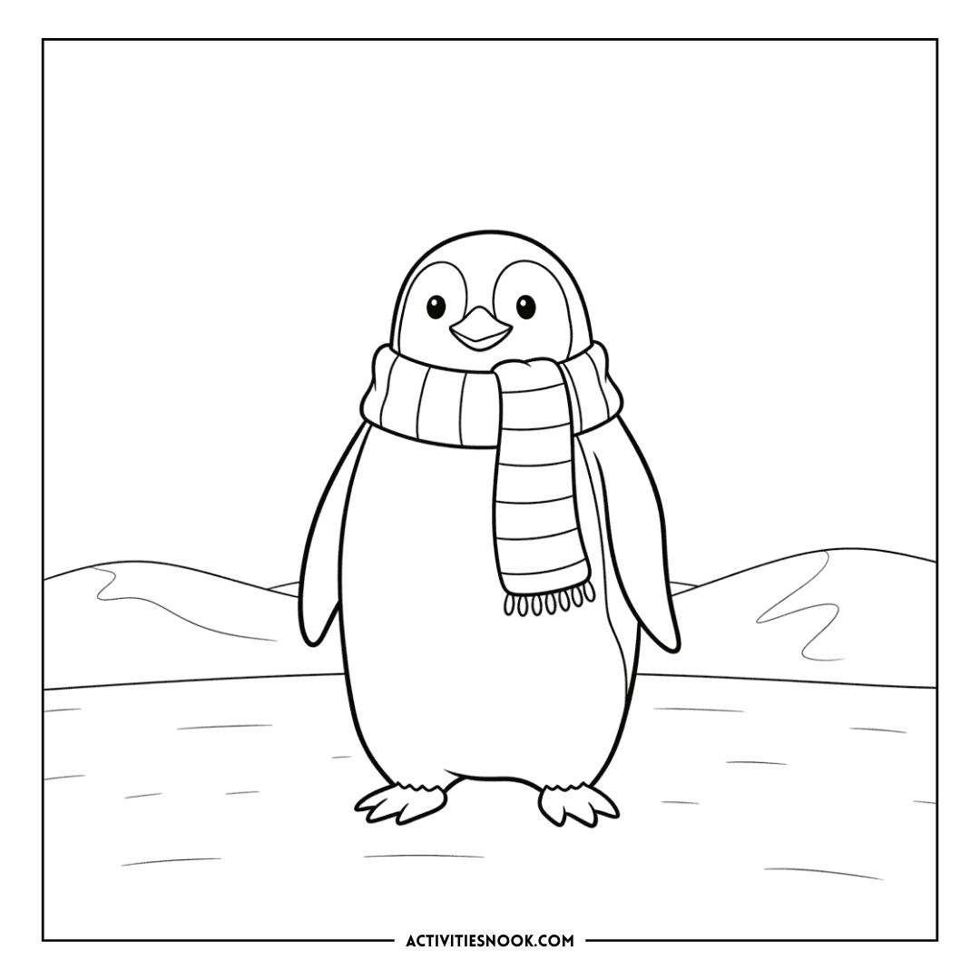 Black and white illustration of a penguin wearing a striped scarf, standing on ice with a simple background.