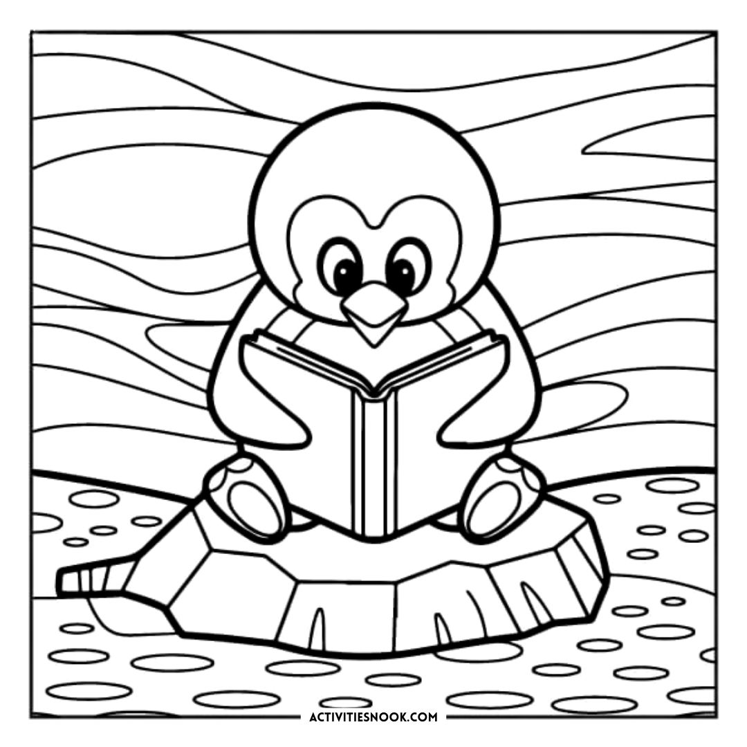 Black and white coloring page of a penguin reading a book while sitting on an ice floe.