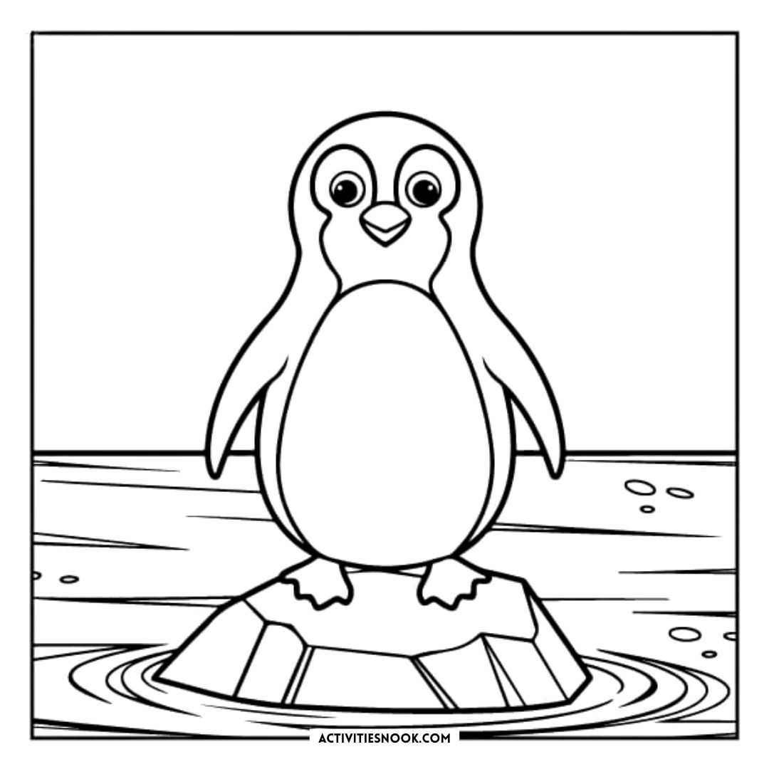 Black and white outline drawing of a penguin standing on a rock in water, suitable for coloring activities.
