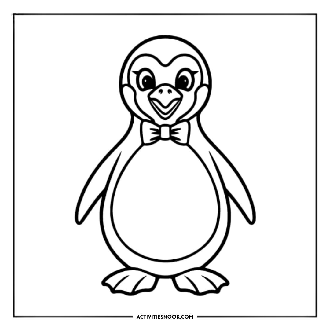 Cartoon penguin character with a bow tie, designed for coloring activities and educational purposes.
