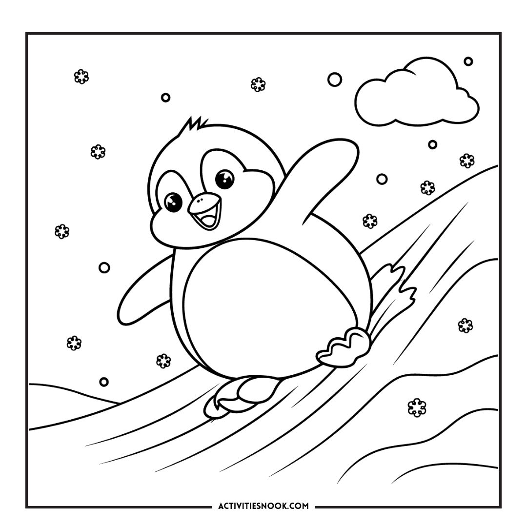 A cartoon penguin sliding down a snowy hill, smiling with arms outstretched and clouds in the background.