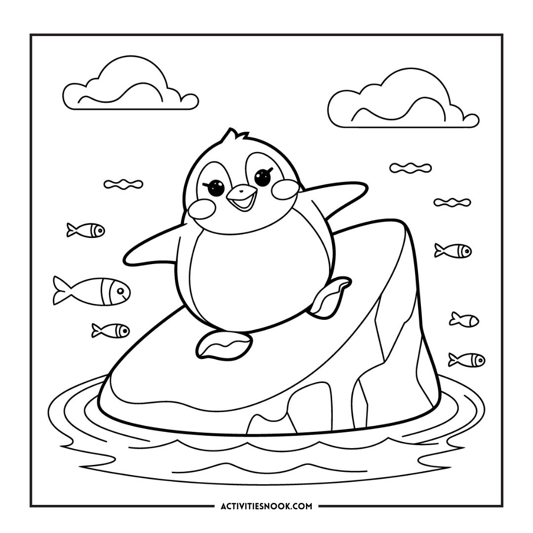 Black and white coloring page of a cheerful penguin standing on a rock surrounded by fish and clouds.
