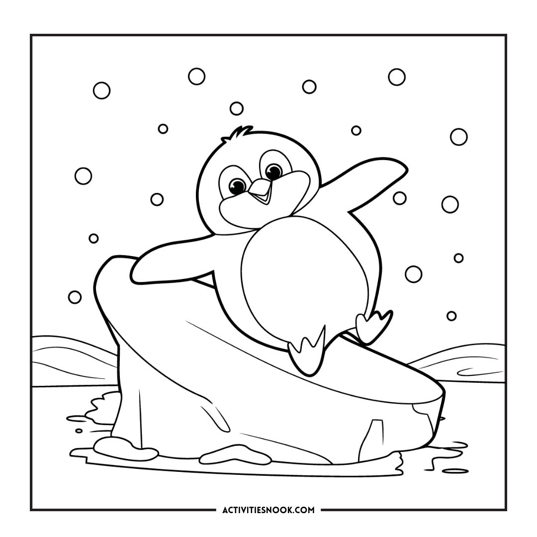 A cartoon penguin sliding on an ice floe with snowflakes falling around it in a coloring page design.