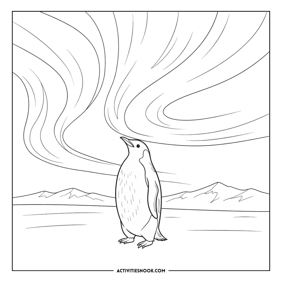 Line art illustration of a penguin standing against a swirling sky and mountains in the background.