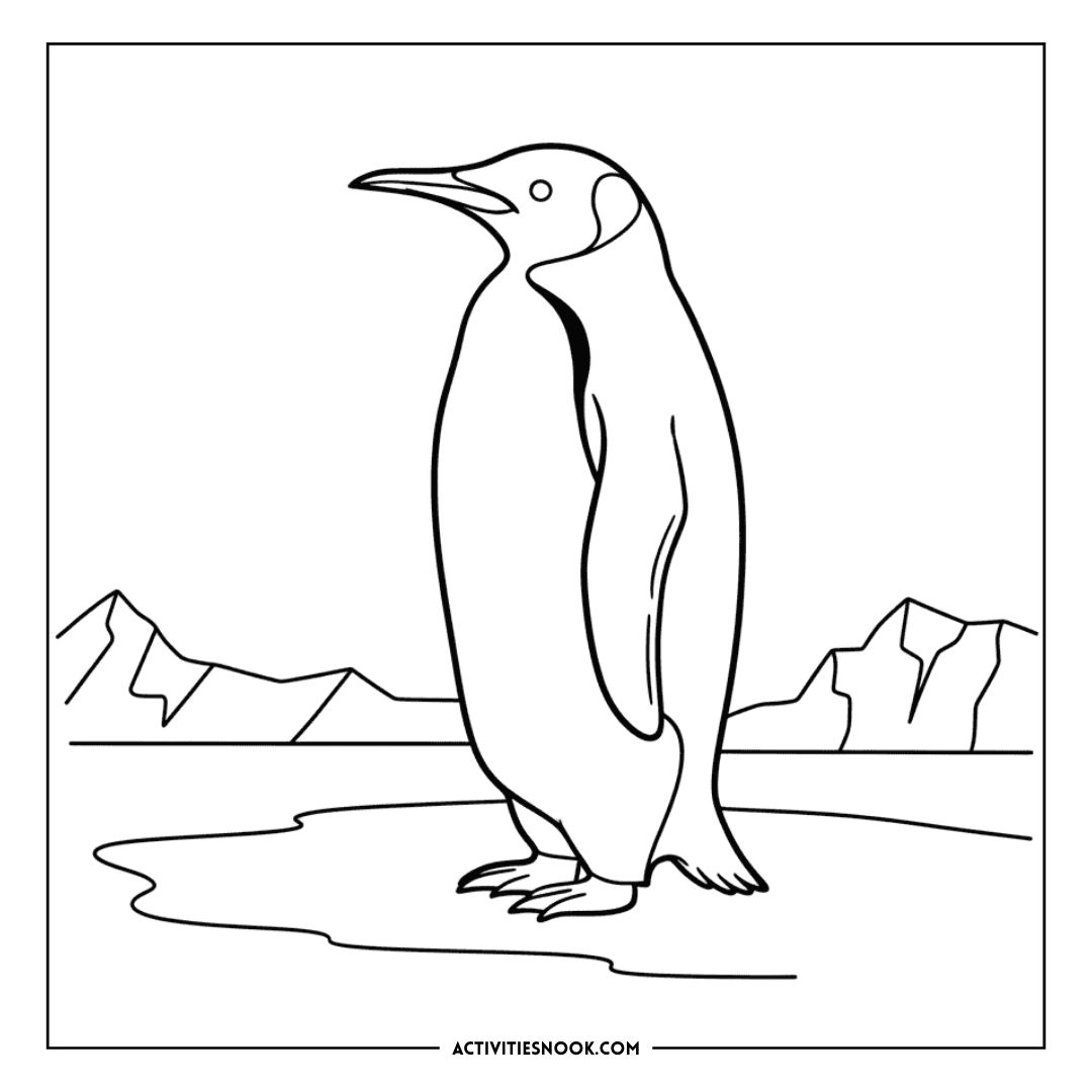Black and white outline drawing of a standing penguin against a simple landscape background.