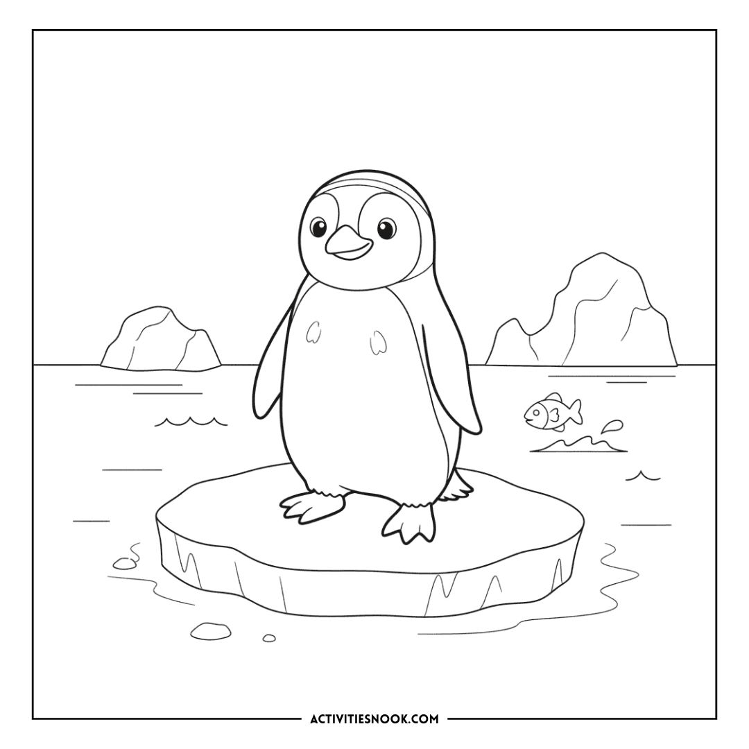 Line art illustration of a penguin standing on an ice floe with a fish in the water.