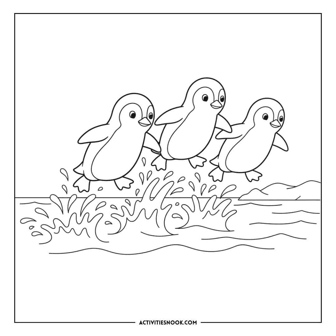 Three cartoon penguins jumping over waves in a playful coloring page design for children.