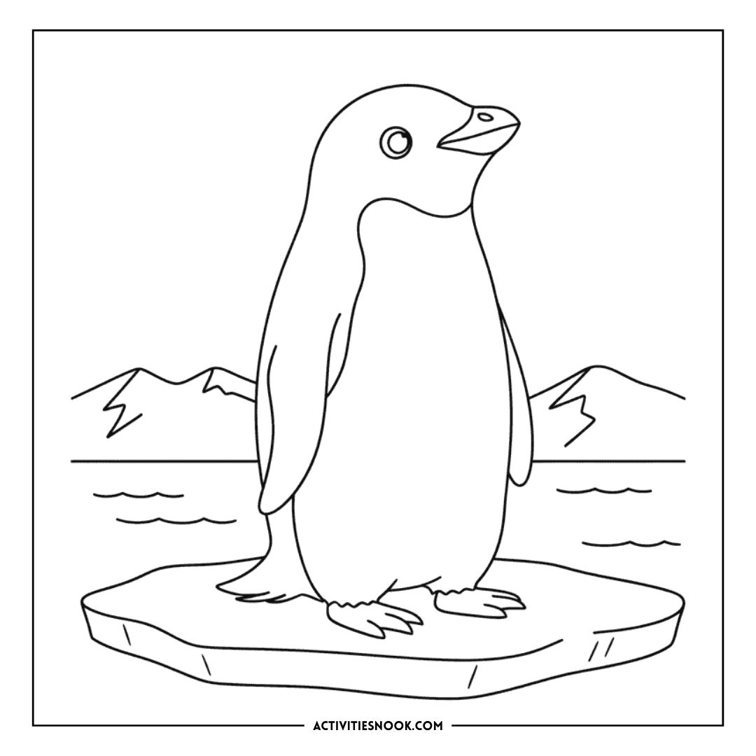 Line art illustration of a penguin standing on an ice floe with mountains in the background.