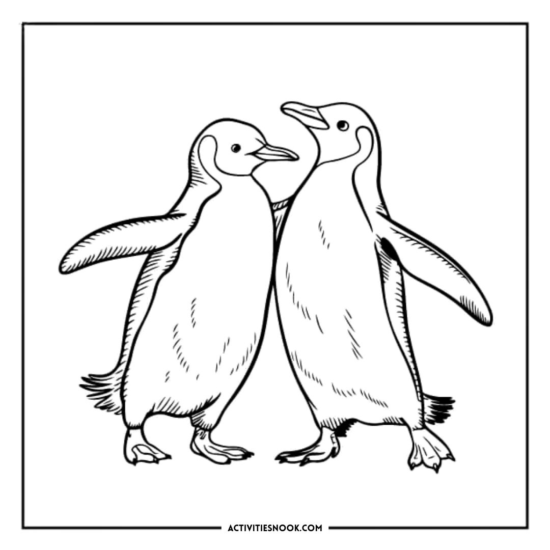 Two cartoon penguins standing side by side with their wings extended, outlined for coloring.