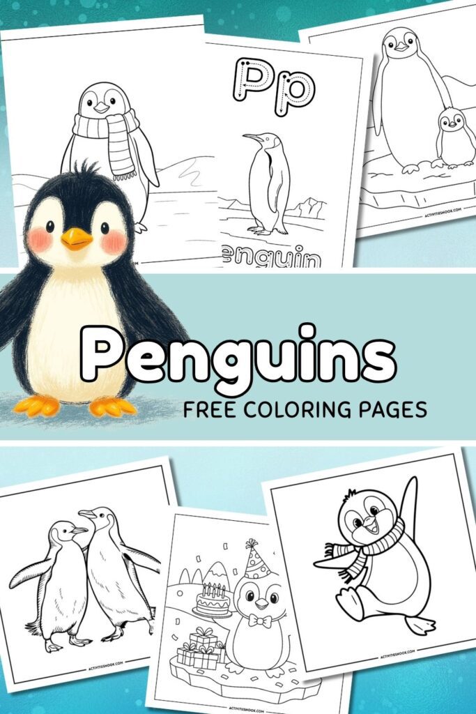Coloring pages featuring penguins, including a cartoon penguin and various penguin illustrations for coloring.