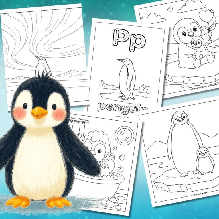 Illustration of a penguin with coloring pages featuring various penguin designs and the letter P.