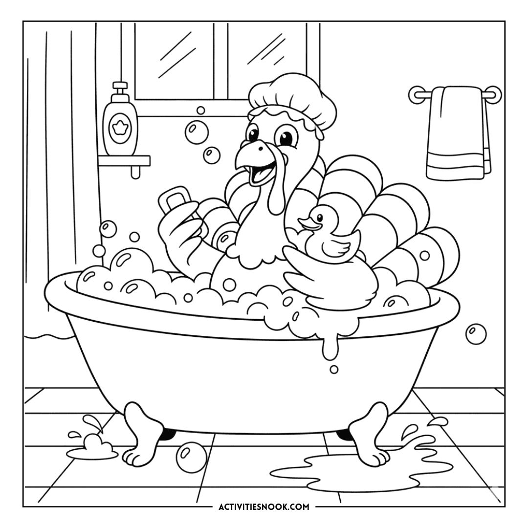 A cartoon turkey in a bathtub filled with bubbles, holding a soap bar and accompanied by a rubber duck.