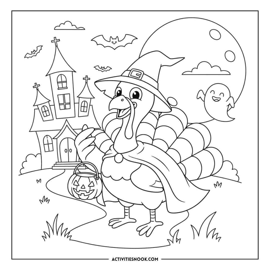 A turkey wearing a witch's hat and cape, holding a pumpkin lantern, set against a Halloween-themed background.