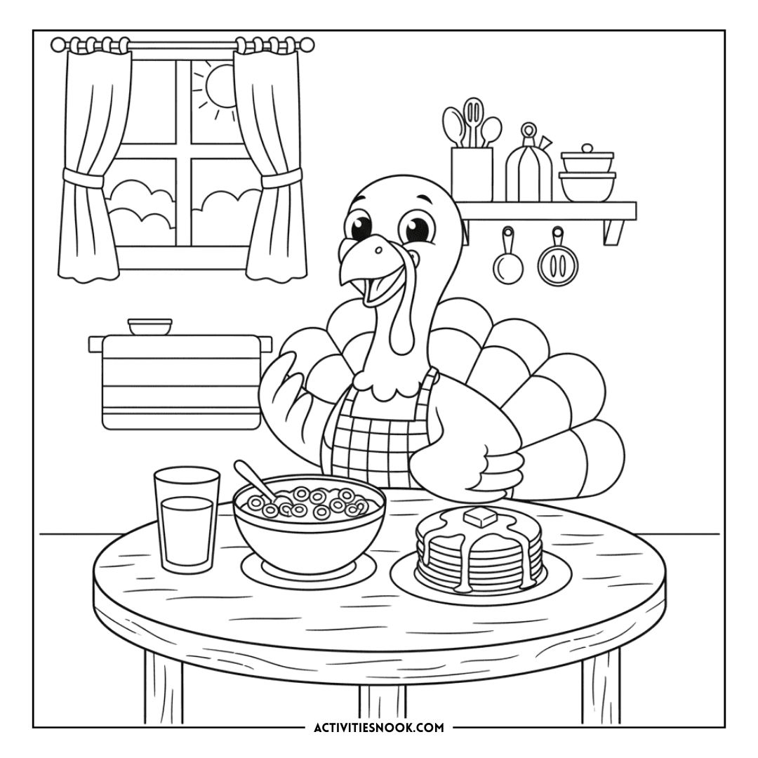 A turkey character wearing an apron, sitting at a table with a bowl of cereal and a stack of pancakes.