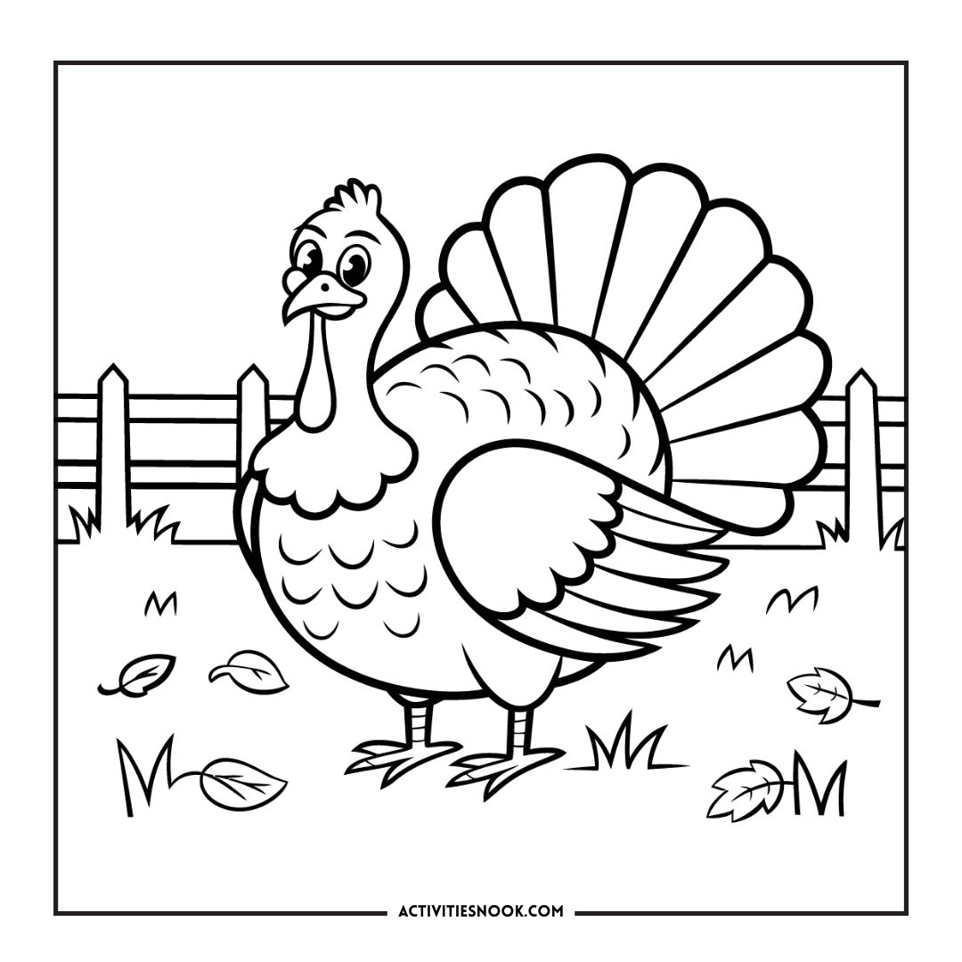 Cartoon-style turkey with a large fan tail standing in a grassy area with leaves and a fence in the background.